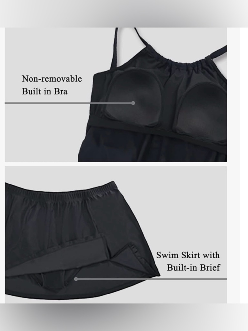 Yonique Womens Swimsuit Plus Size Tankini with Skirt Tummy Control 2Pc Black 18W - Picture 3 of 8